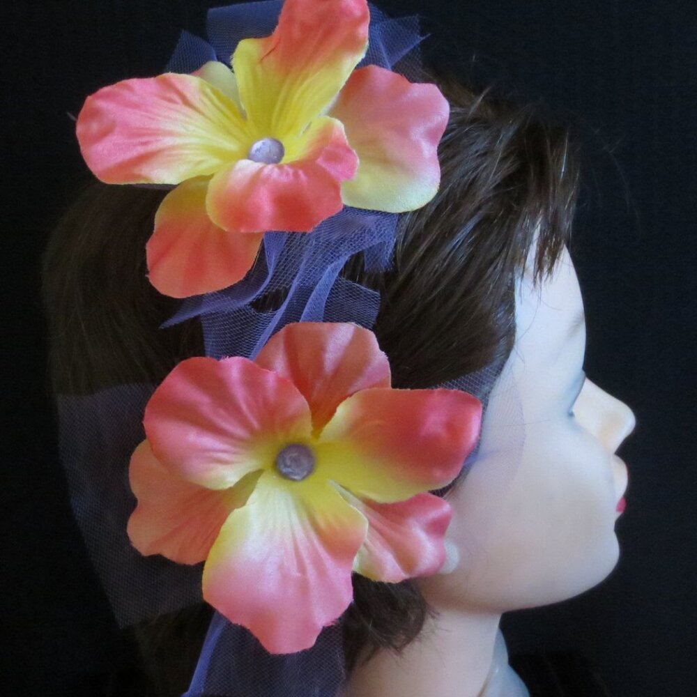 NEW Hand Crafted Barrettes Peach Hibiscus Floral Rhinestone Tulle Ladies Girls